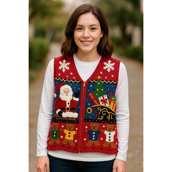 Designer Studio Red Christmas Knitted Full Zip Vest Womens Size S Santa & Bears - Picture 1 of 7